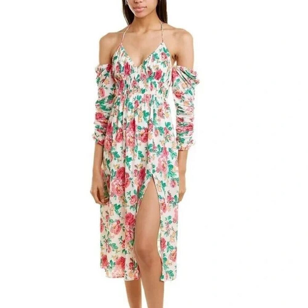 NWT For Love & Lemons Becca Floral V-Neck Long Sleeve Midi Dress Size M #1H455